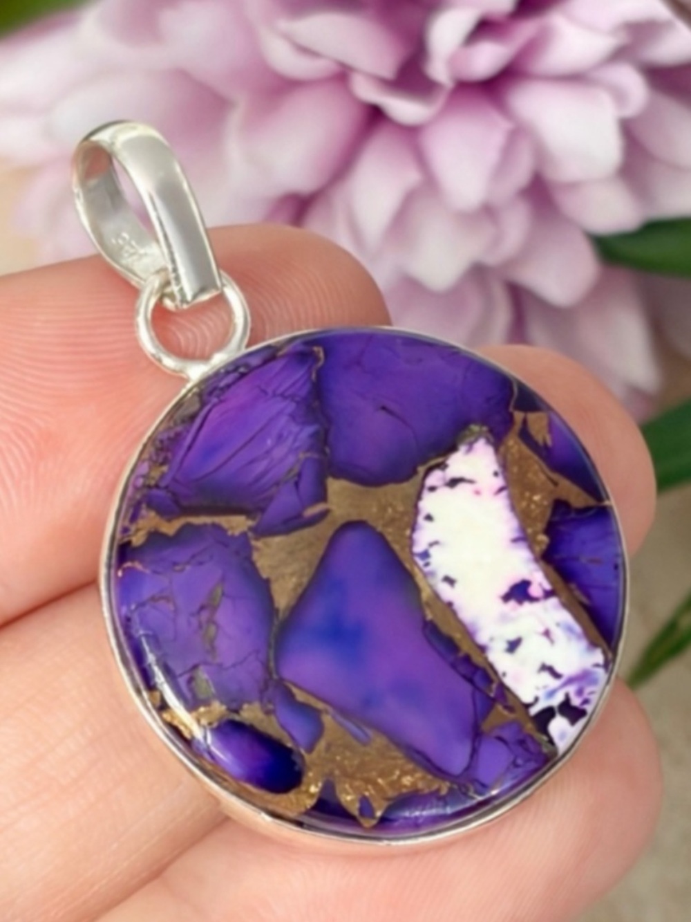 Sterling Silver 925 Genuine Purple Copper Kingman Turquoise Pendant Round